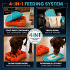 Super Feedy 4-in-1 slow feeder system shown as slow feeder, reversible lick mat, food prep and travel bowl