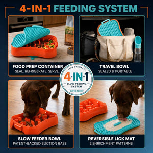 Super Feedy 4-in-1 slow feeder system shown as slow feeder, reversible lick mat, food prep and travel bowl