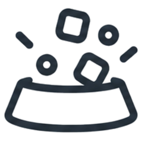 A dark gray outline icon of a pet food bowl with food pieces floating above, on a solid white background.