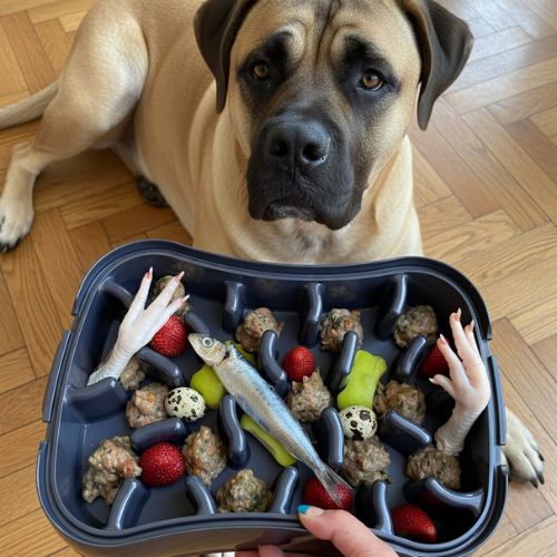 Dog looking at Super Feedy Slow feeder Bowl of food on a wooden floor