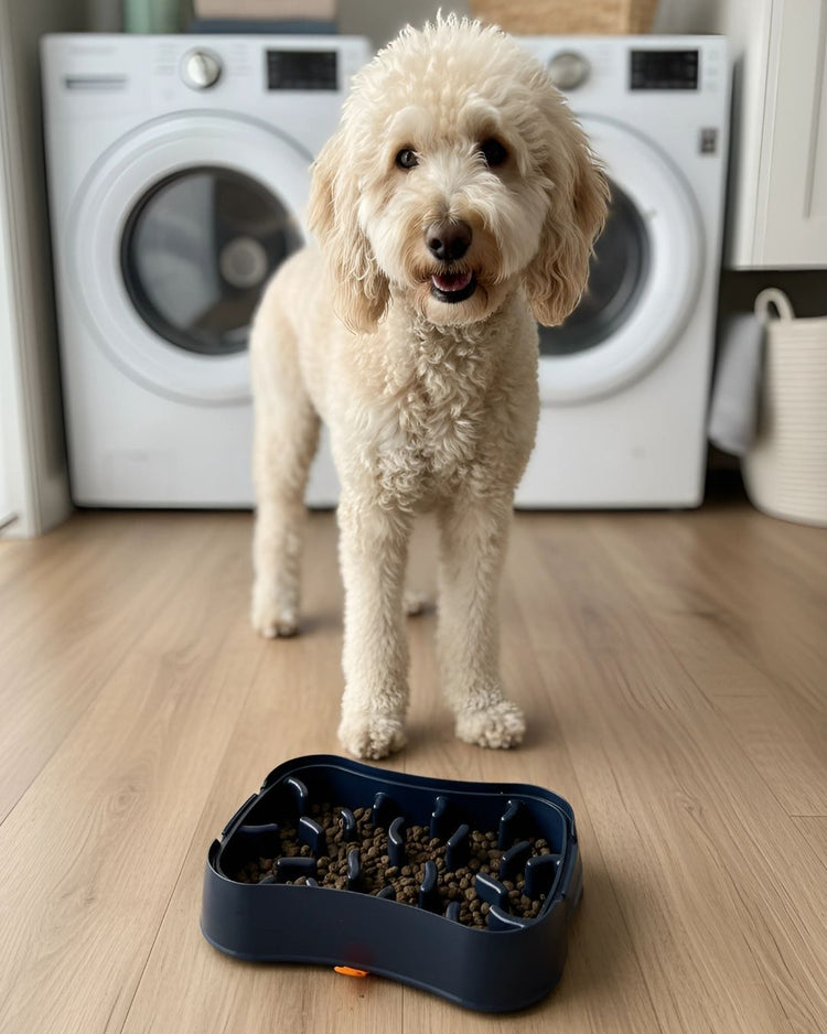 Dog standing next to a Super Feedy food bowl on a wooden floor with a washing machine in the background