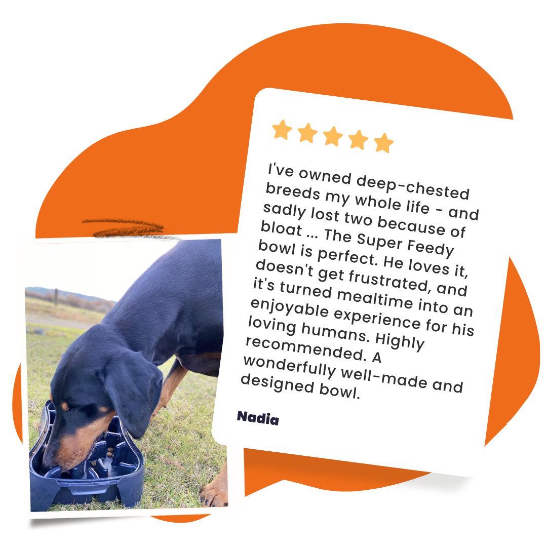 I've owned deep-chested breeds my whole life - and sadly lost two because of bloat ... The Super Feedy bowl is perfect. He loves it, doesn't get frustrated, and it's turned mealtime into an enjoyable experience for his loving humans. Highly recommended. A wonderfully well-made and designed bowl. - Nadia