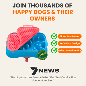 Blue slow feeder and ocean red dog lick mat with promotional text and 7 News logo