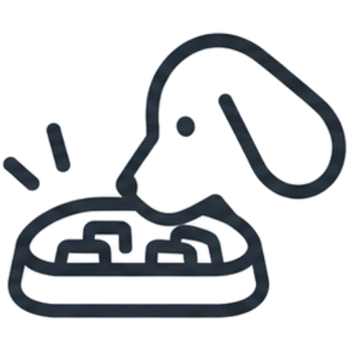 A minimalist dark gray line icon of a dog eating from a bowl, with small radiating lines near the bowl, on a solid white background.