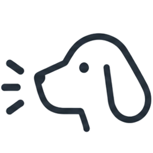 A minimalist dark gray line icon of a dog head with sound waves coming from its mouth, set against a solid white background.