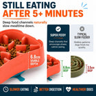 Dog surrounded by multiple single-use dog bowls the Super Feedy 4-in-1 system replaces