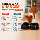 Before-and-after comparison of a dog's mealtime with and without the Super Feedy slow feeder