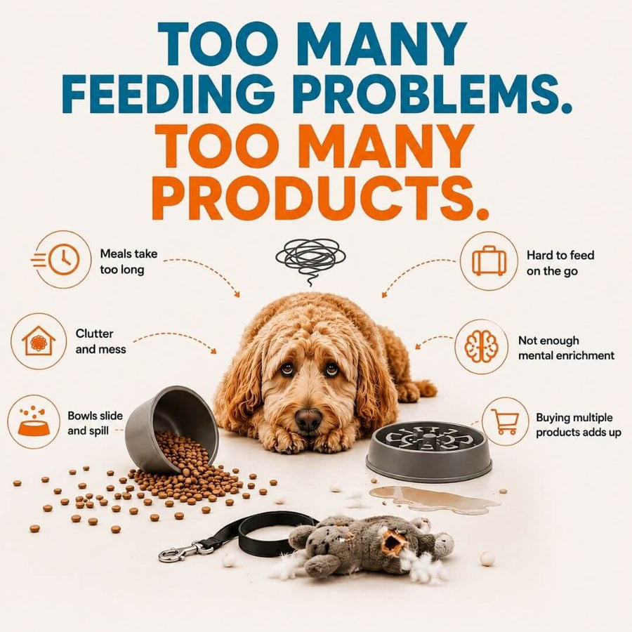 Dog surrounded by multiple single-use dog bowls the Super Feedy 4-in-1 system replaces
