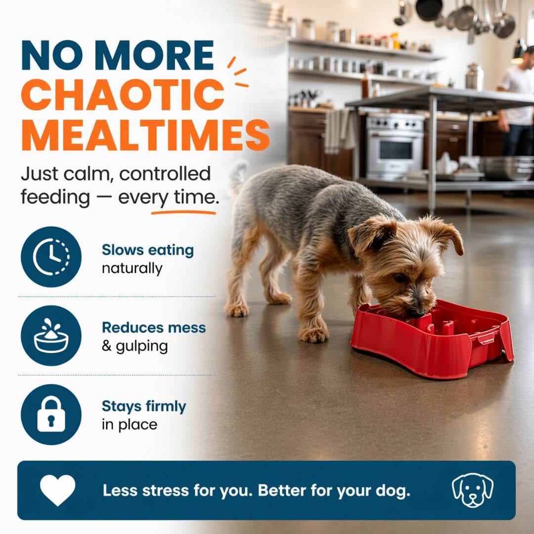 Small dog eating calmly from slow feeder bowl reducing mess gulping and anxiety