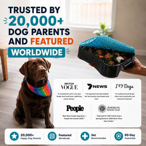Super Feedy 4-in-1 large slow feeder dog bowl with food, shown with a dog and worldwide media features