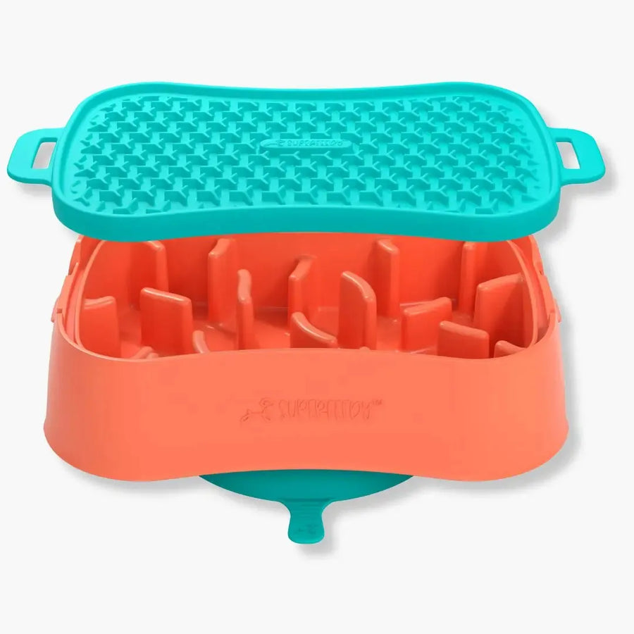 Super Feedy Small 4-in-1 slow feeder dog bowl in Salmon with teal reversible lick mat lid