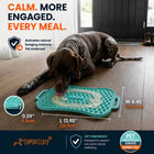Dog using the Super Feedy large reversible lick mat with dimensions shown for dog enrichment