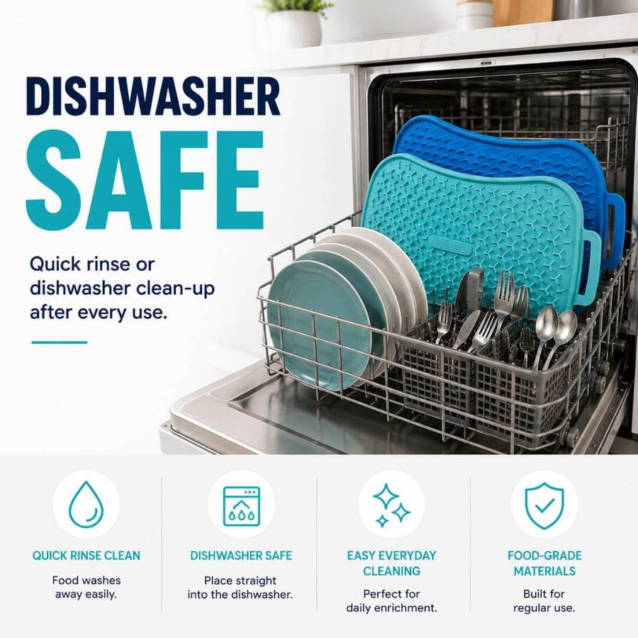 Super Feedy reversible lick mat shown as dishwasher safe for easy cleaning