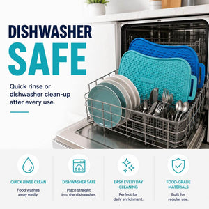 Super Feedy reversible lick mat shown as dishwasher safe for easy cleaning