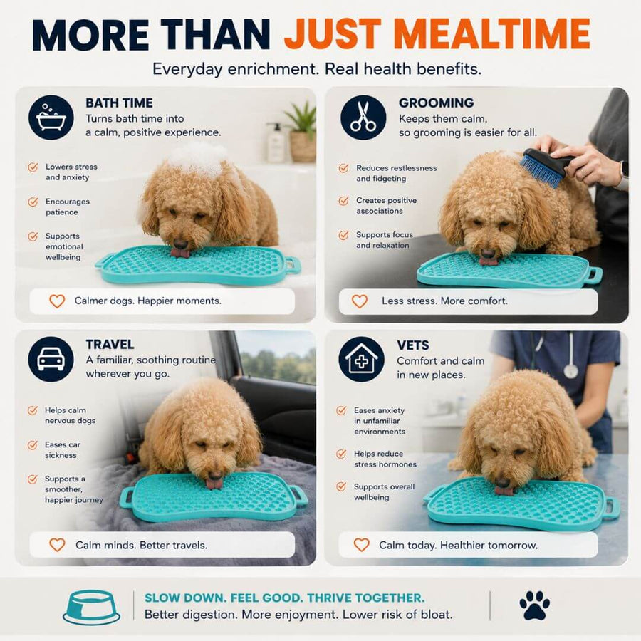 Super Feedy reversible lick mat used for dog enrichment during bathing, grooming, travel and vet visits