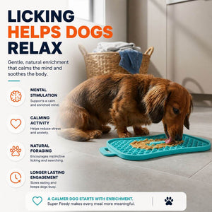 Dog using the Super Feedy reversible lick mat for licking and enrichment