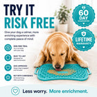 Dog using the Super Feedy reversible lick mat with 60-day risk-free trial and lifetime warranty