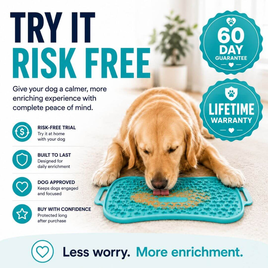 Dog using the Super Feedy reversible lick mat with 60-day risk-free trial and lifetime warranty