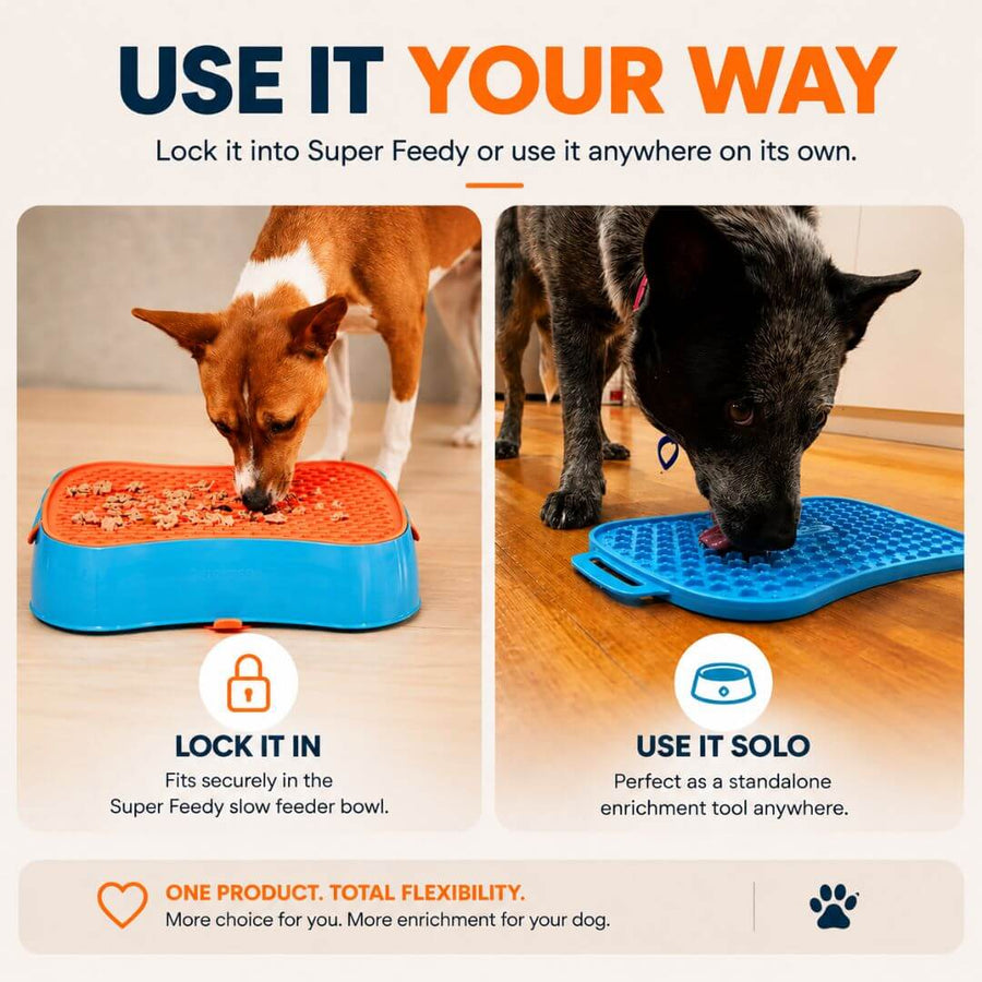 Super Feedy reversible lick mat used in the slow feeder bowl or as a standalone dog enrichment mat