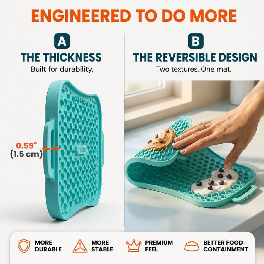 Teal Super Feedy reversible lick mat, the lid of the 4-in-1 slow feeder system