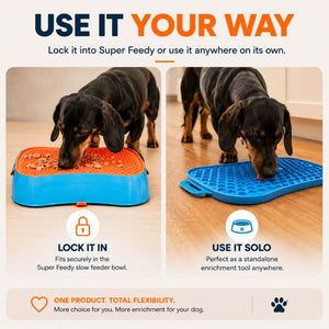 Super Feedy reversible lick mat used in the slow feeder bowl or as a standalone dog enrichment mat