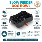 Super Feedy slow feeder dog bowl showing suction base, deep maze, slow feeding design, 10-cup capacity and medium to large dog specifications