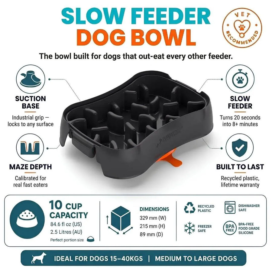 Super Feedy slow feeder dog bowl showing suction base, deep maze, slow feeding design, 10-cup capacity and medium to large dog specifications