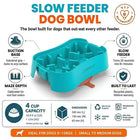 Super Feedy small slow feeder dog bowl showing suction base, deep maze channels, 4-cup capacity and specifications for dogs 5–15 kg