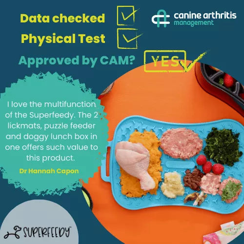 Canine Arthritis Management endorsement graphic with a quote from Dr Hannah Capon praising the Super Feedy's multifunction design, shown with the blue lick mat spread with raw food