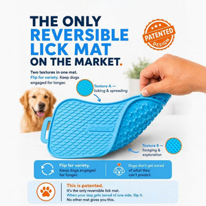 Both textured sides of the Super Feedy reversible lick mat lid, Fish Scale and Y-Pattern